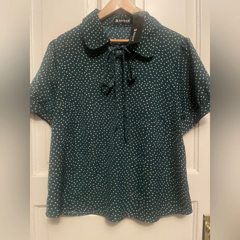 NWT Allegra K Teal and White Polka Dot Blouse - Picture 5 of 14